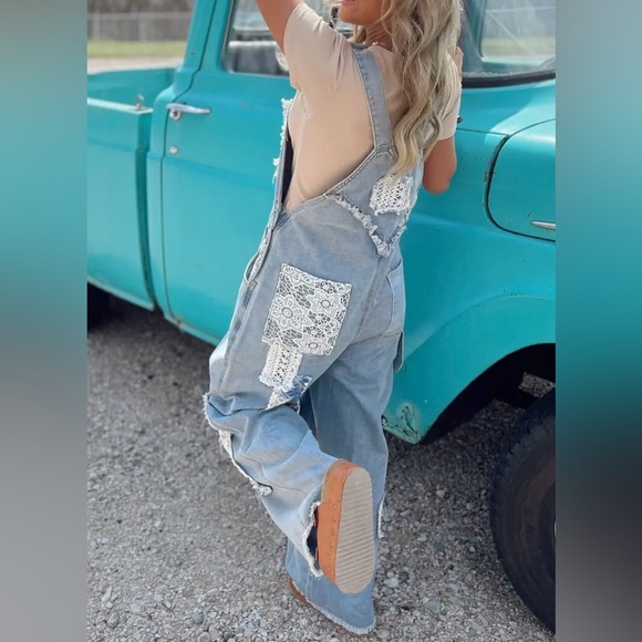 NWT POL Boho Patchwork Crochet Jean Denim Overalls - Picture 8 of 15